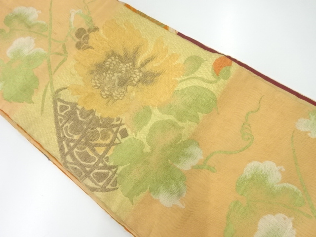 JAPANESE KIMONO / ANTIQUE CHUYA OBI / WOVEN FLOWER BASKET